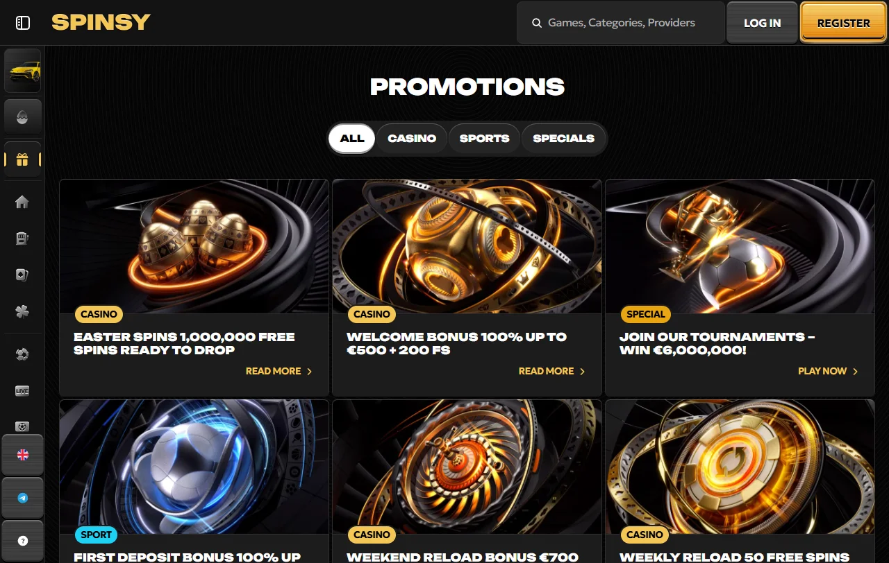 Spielelobby bei Spinsy mit Slots von Pragmatic Play, Play’n GO und Hacksaw