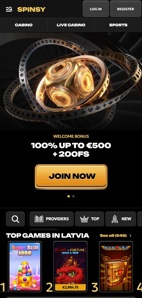Spinsy im mobilen Browser mit Spielauswahl und Suchfunktion am Handy