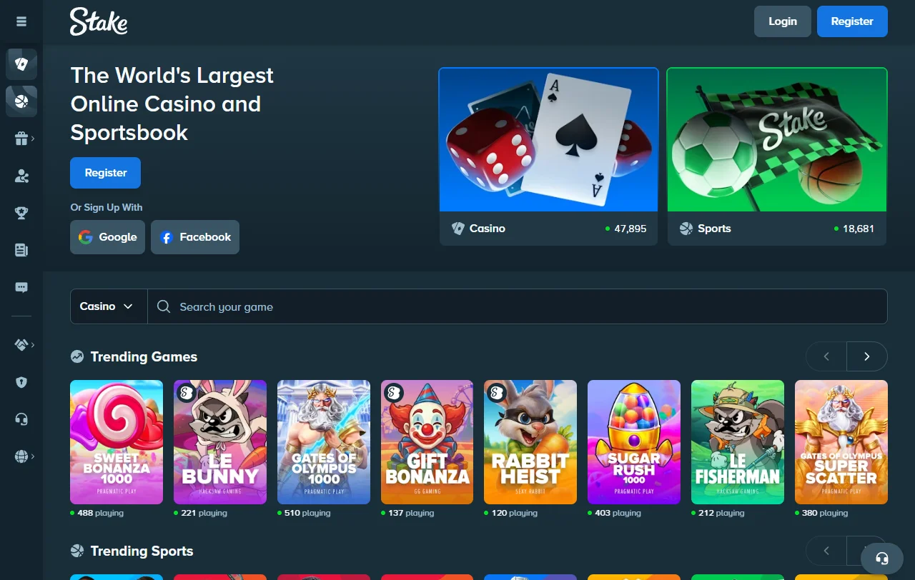 Stake Casino Startseite mit Überblick über Originals, Slots und Sportwetten