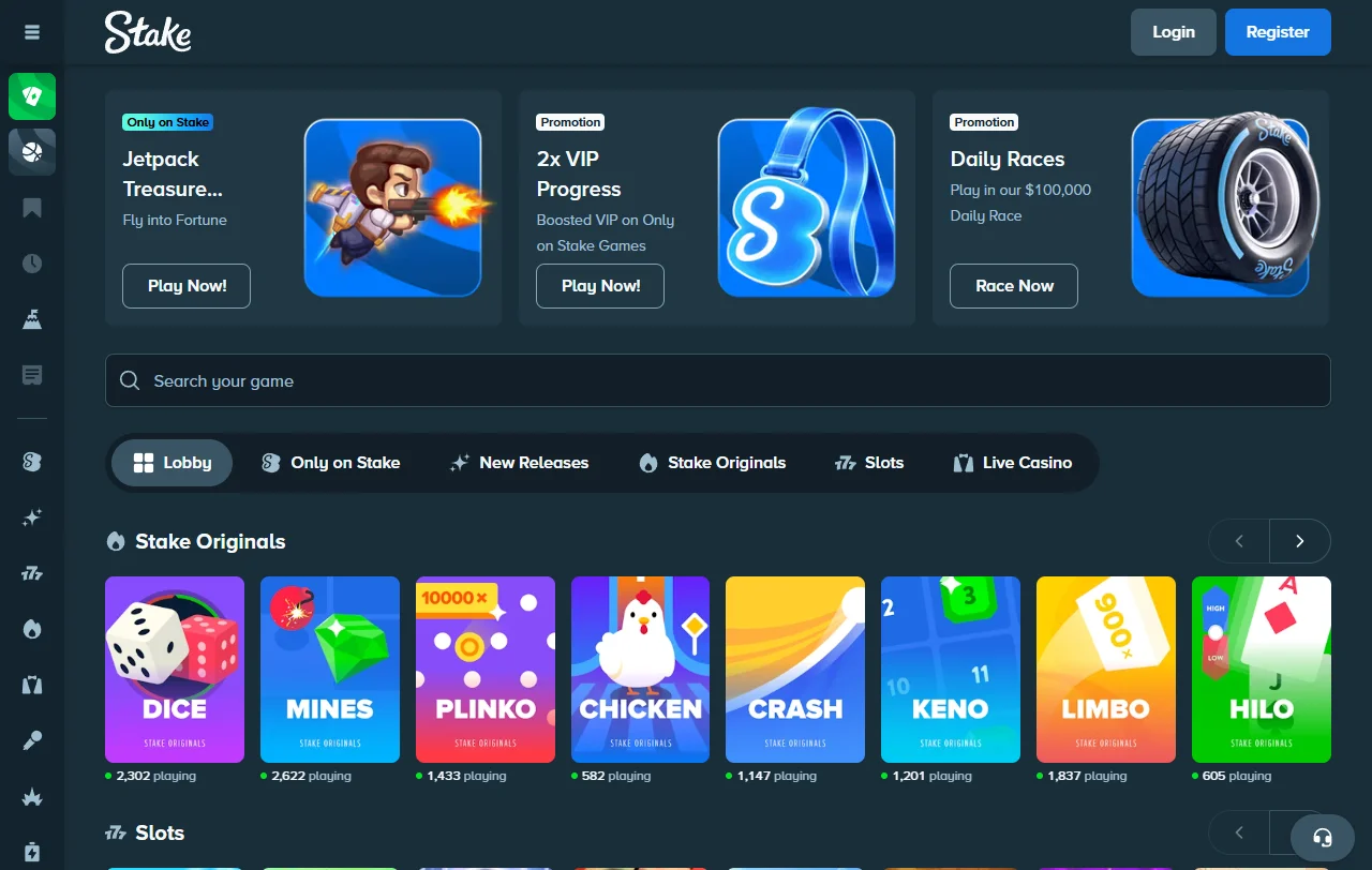 Stake Spielelobby mit über 6.000 Titeln von mehr als 260 Studios