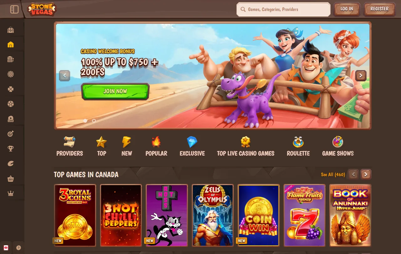 StoneVegas Casino Startseite mit Bereichen für Slots, Live-Spiele und Sportwetten
