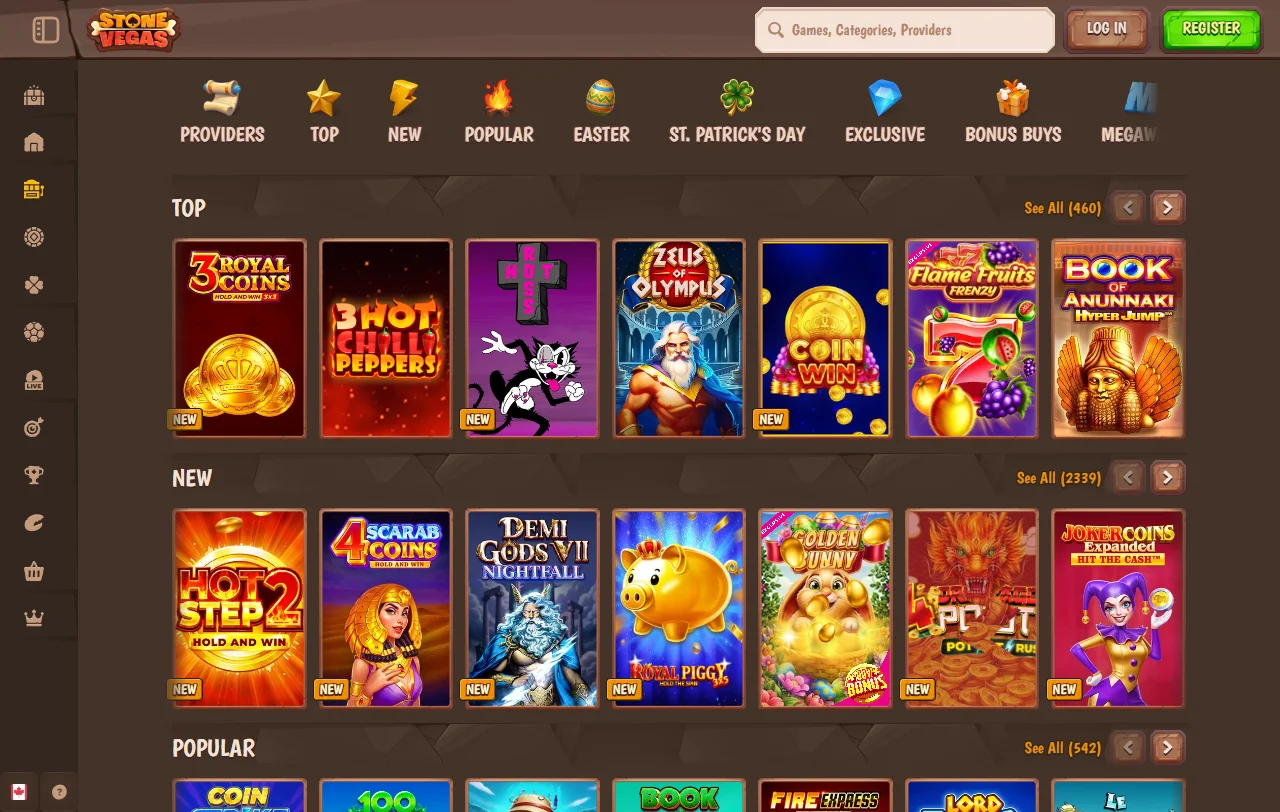 StoneVegas Casino Aktionsseite mit Willkommensbonus, Reloads und wöchentlichem Cashback