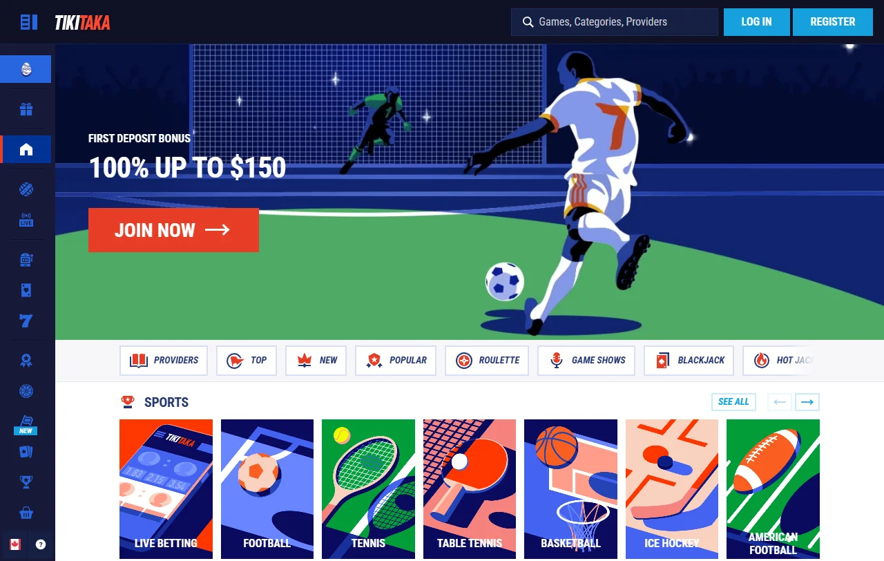 TikiTaka Casino Startseite mit Casino- und Sportwettenbereich für Spieler aus Österreich