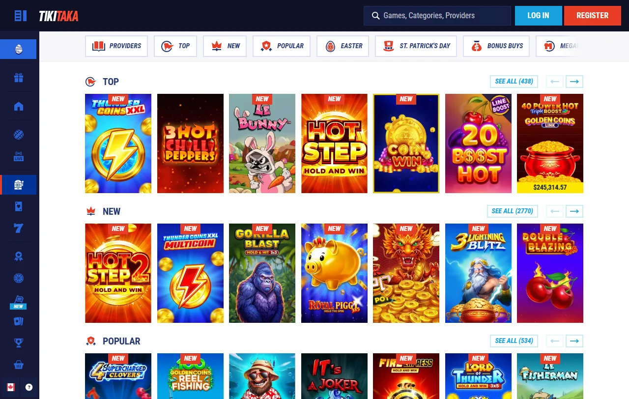 Spielauswahl bei TikiTaka Casino mit Slots von Hacksaw Gaming und Amusnet