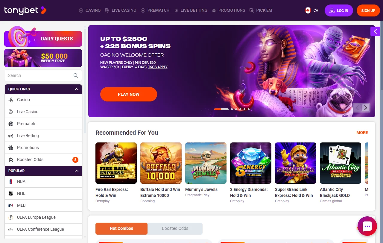 Tonybet Casino Startseite mit gemeinsamem Konto für Spiele und Sportwetten