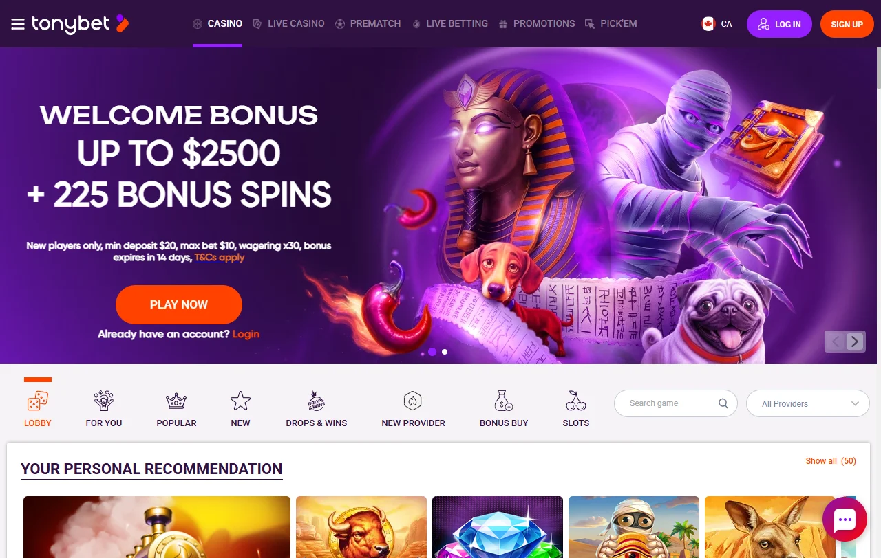 Spielebibliothek von Tonybet Casino mit Slots von Pragmatic Play und NetEnt