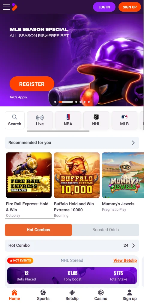 Tonybet Casino mobil im Browser mit Zugang zu Slots und Live-Tischen