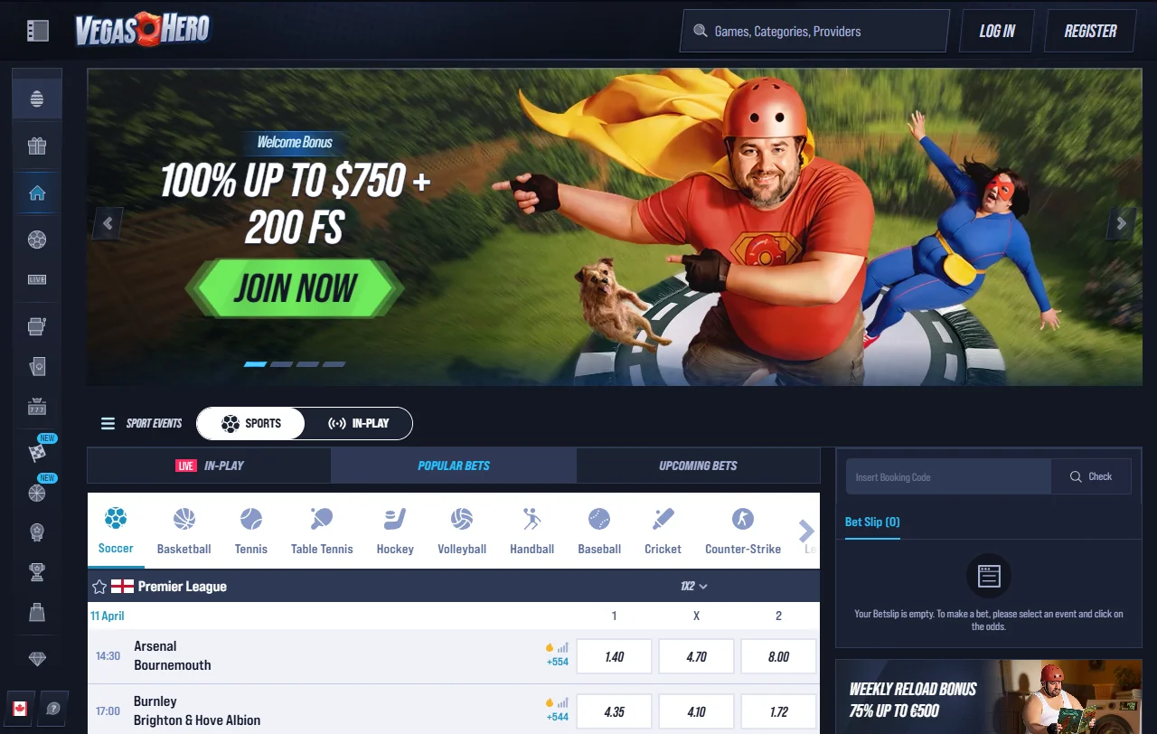 Startseite von Vegas Hero Casino mit Spielkategorien und Hinweis auf den Willkommensbonus