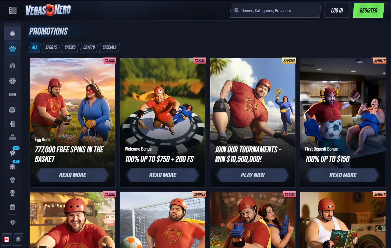 Slot-Auswahl bei Vegas Hero Casino mit Titeln von Pragmatic Play und Play