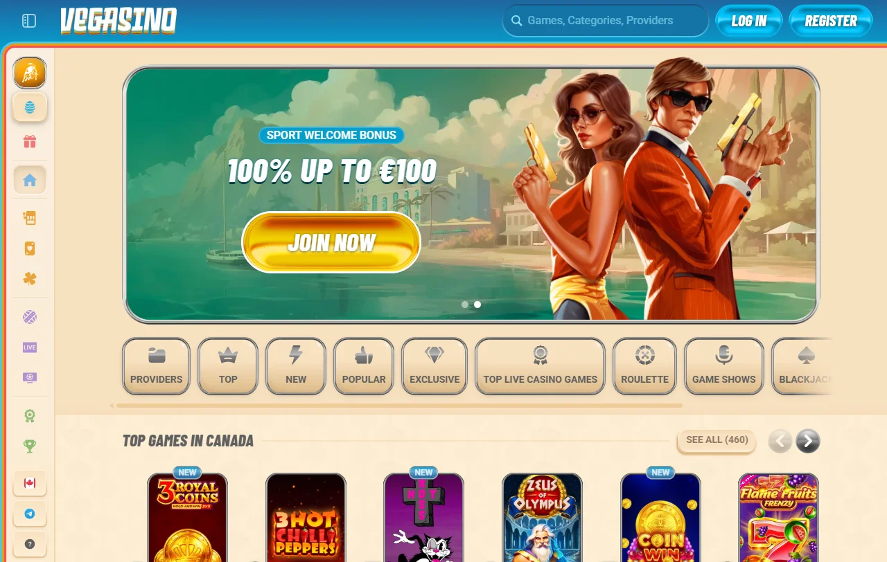 Vegasino Casino Startseite mit Überblick über Casino und Sportwetten