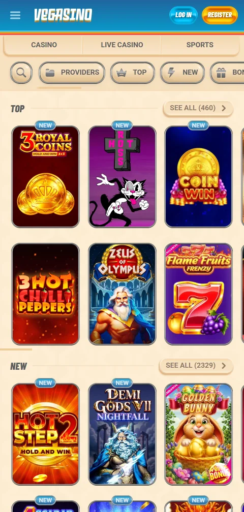 Vegasino Casino Kasse mit Karten, Paysafecard und Kryptowährungen am Handy