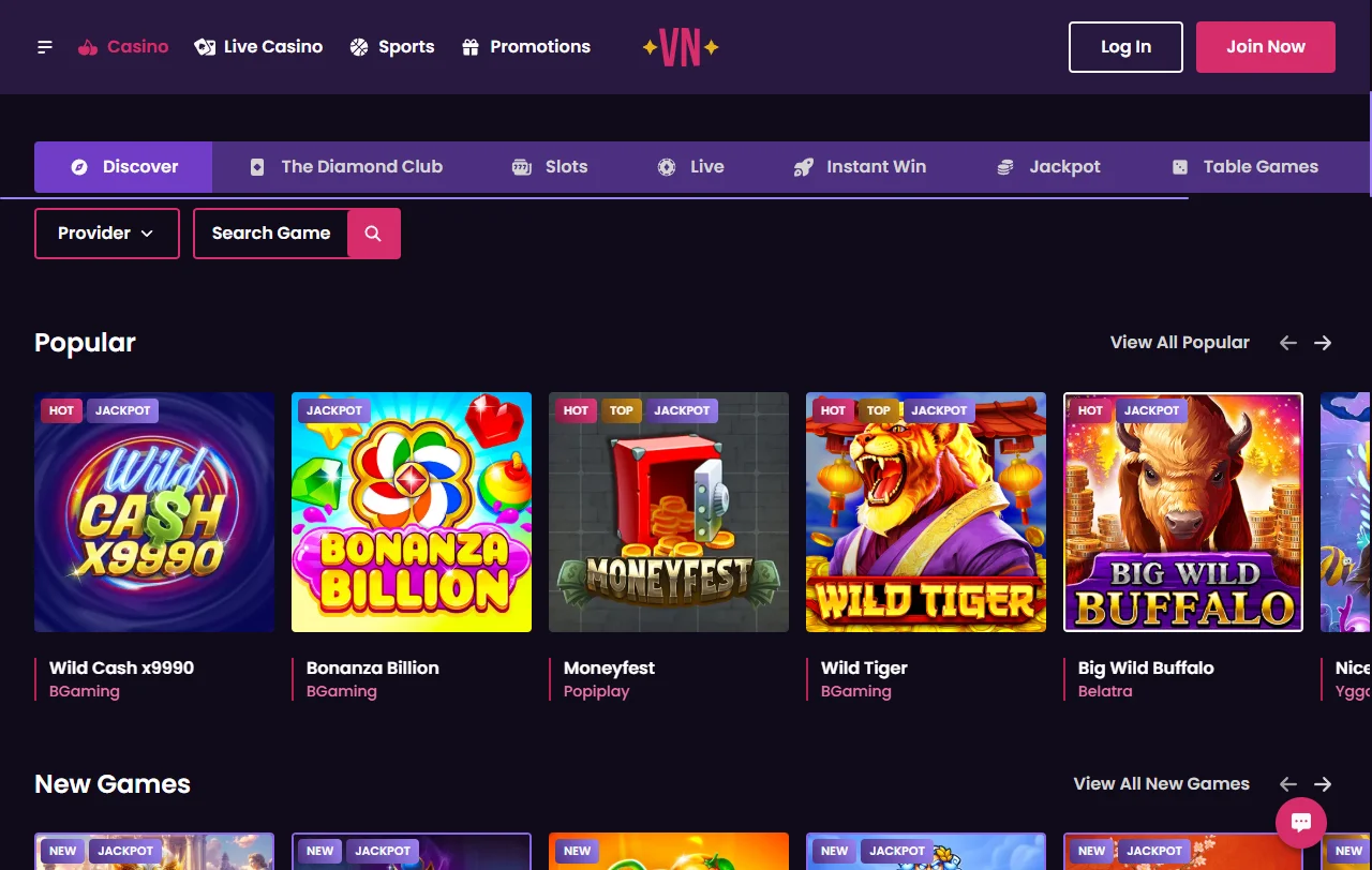 VegasNow Spielauswahl mit Slots von Gamomat, Pragmatic Play und Hölle Games