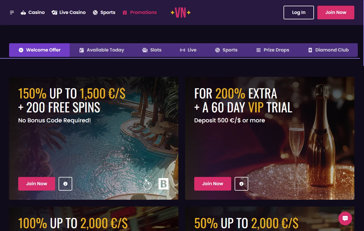 VegasNow Willkommenspaket bis 8.000 Euro und 500 Free Spins auf vier Einzahlungen