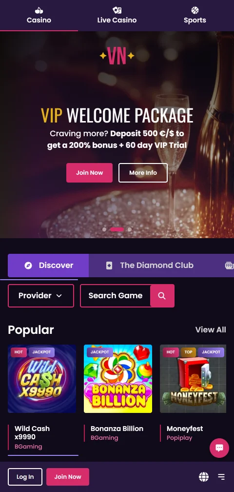 VegasNow mobil im Browser ohne native App für iOS und Android