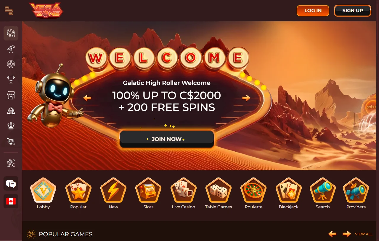 Startseite von VegaZone Casino mit Weltraum-Design und Überblick über das Angebot