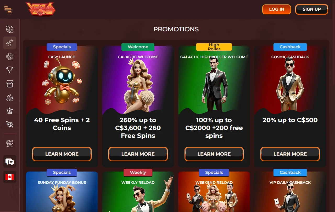 Willkommenspaket von VegaZone Casino mit 260 Freispielen auf vier Einzahlungen