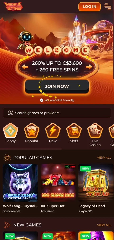 VegaZone Casino im mobilen Browser auf dem Smartphone ohne native App