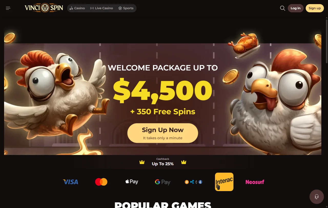 Startseite von VinciSpin Casino mit Lobby und Kategorien für Spieler aus Österreich