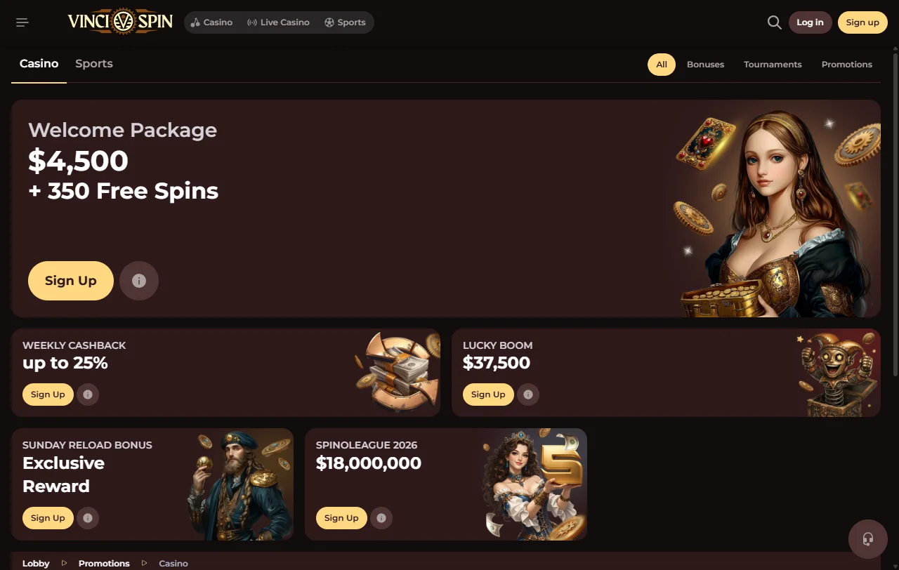 Slots und Live-Tische von 104 Studios in der Spielauswahl bei VinciSpin Casino
