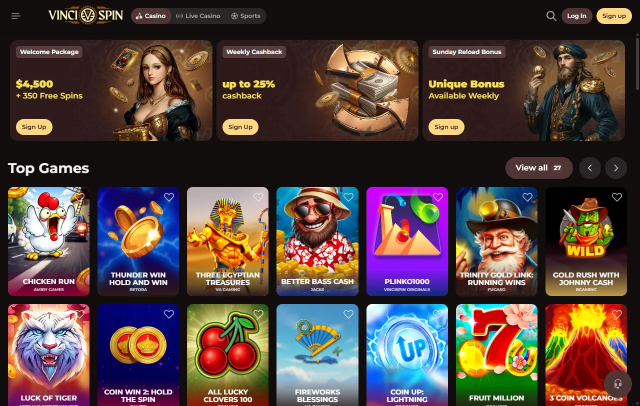 Willkommenspaket von VinciSpin Casino mit drei Einzahlungsstufen und Free Spins