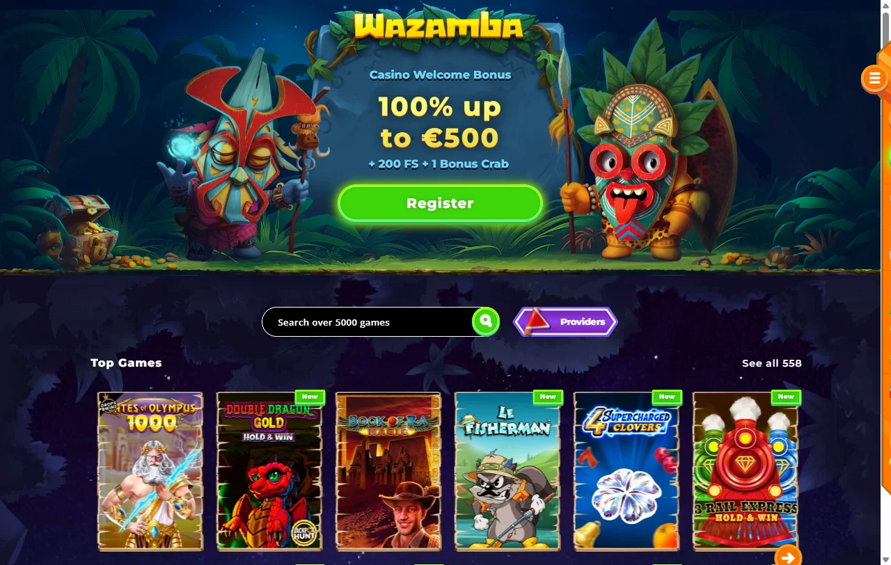 Wazamba Startseite mit Überblick über Lobby, Treueprogramm und Kontobereich für Österreich