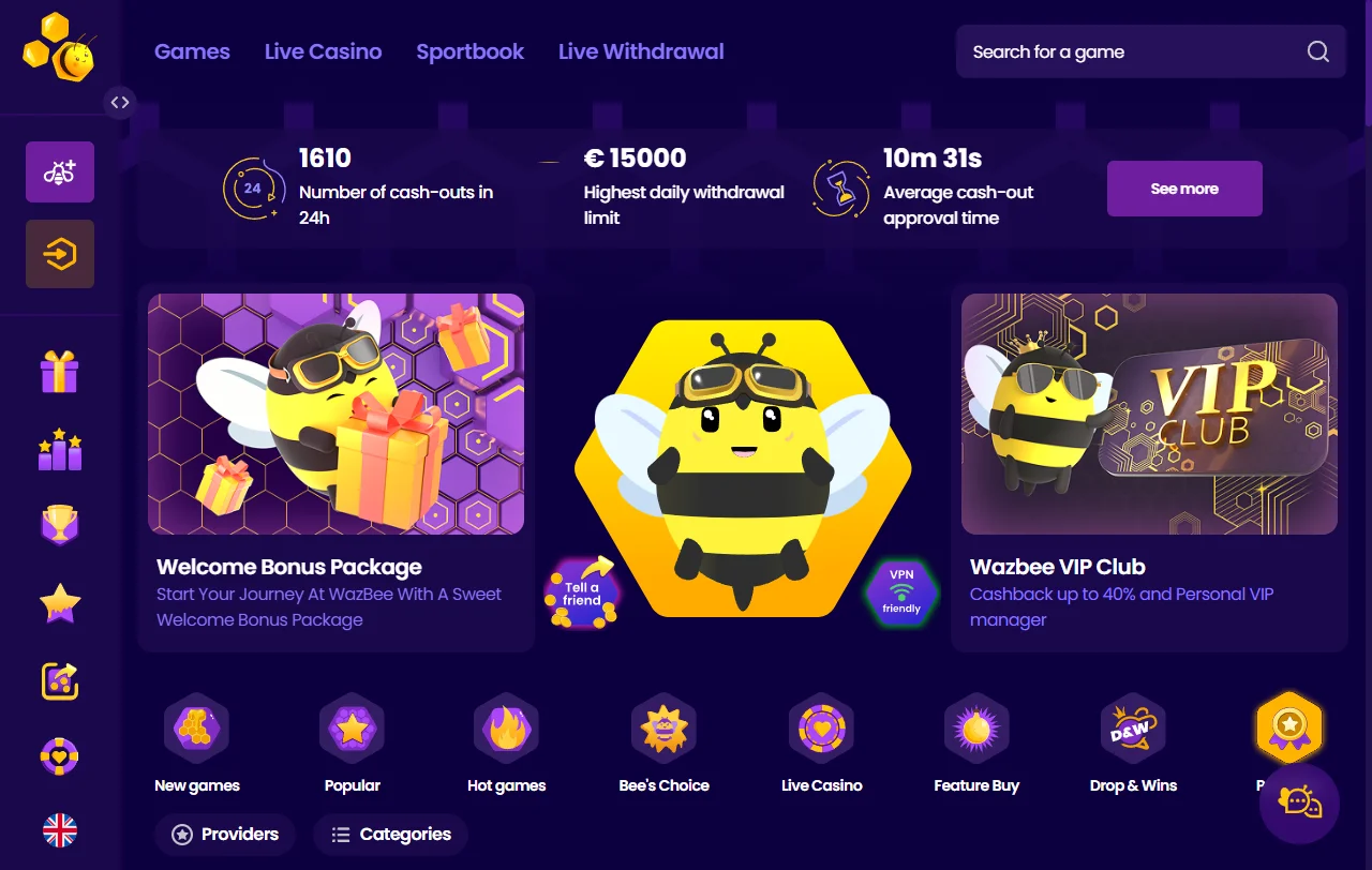 Wazbee Casino Startseite mit Bienen-Design und deutschsprachigem Euro-Angebot für Österreich