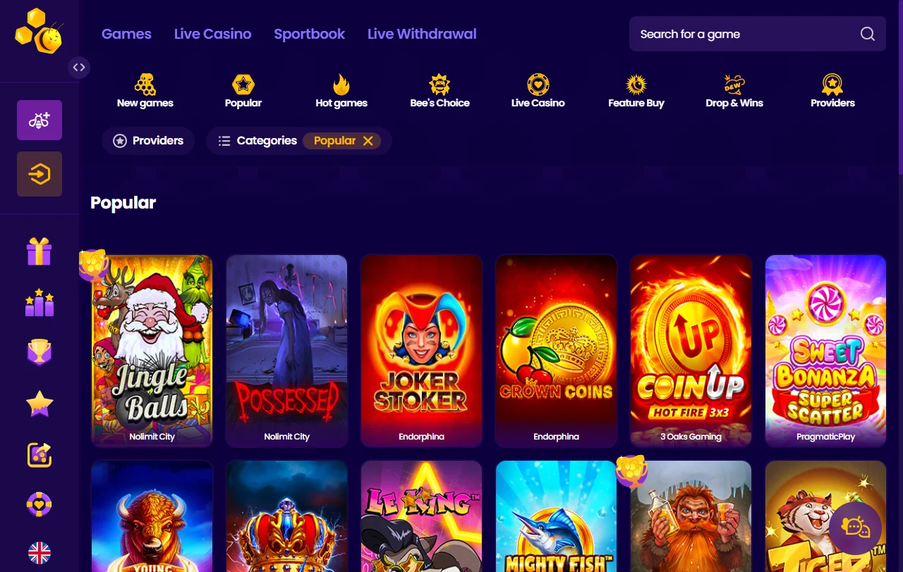 Spielebibliothek von Wazbee Casino mit über 4.000 Spielen von mehr als 40 Studios