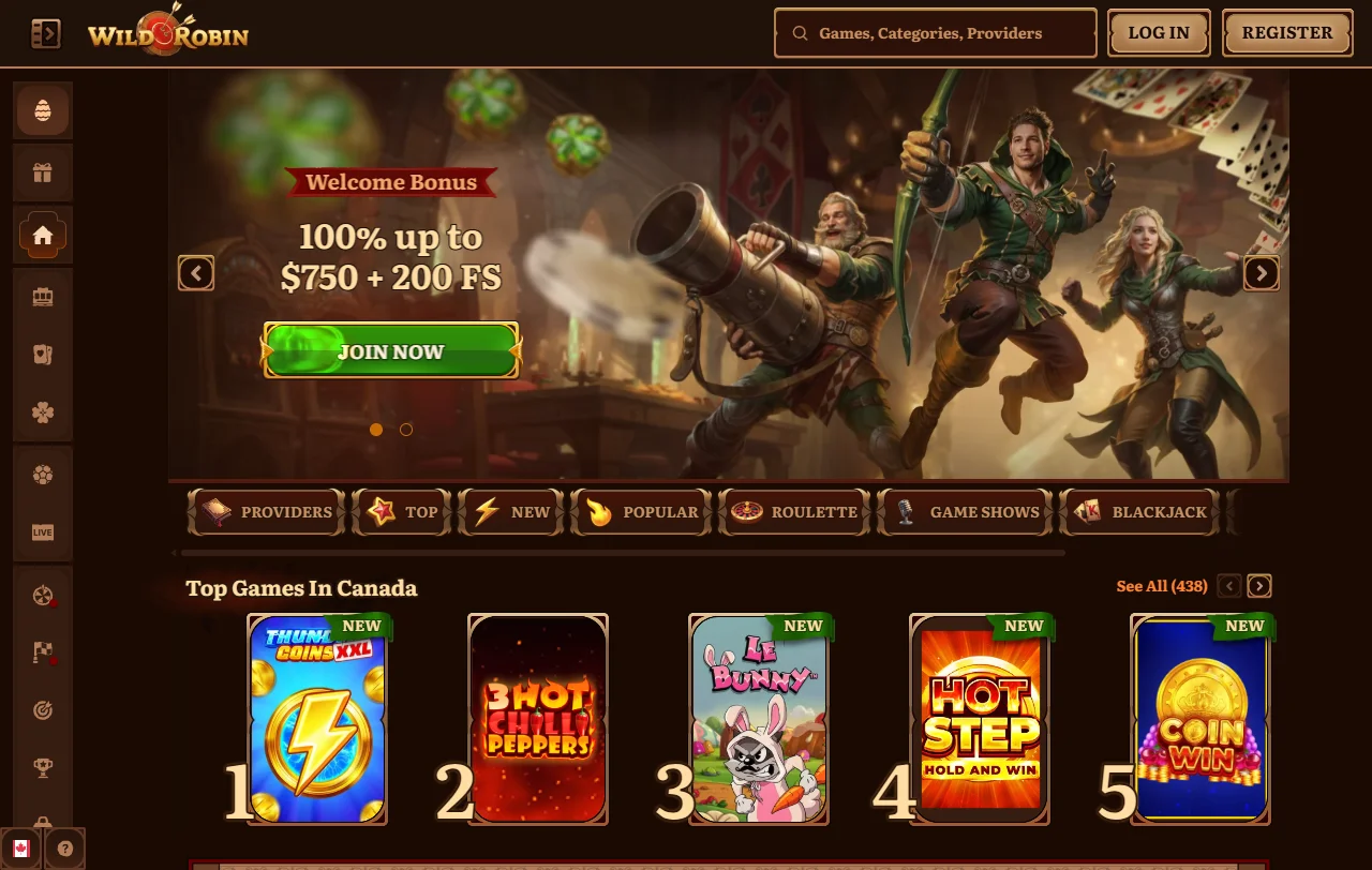 Startseite von Wild Robin Casino mit Willkommenspaket und Sportwetten-Bereich für Österreich