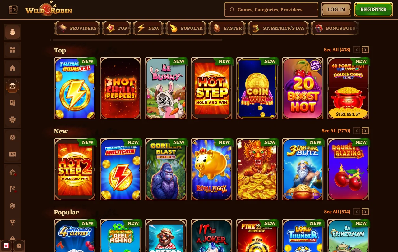 Spielelobby von Wild Robin Casino mit Slots und Live-Blackjack