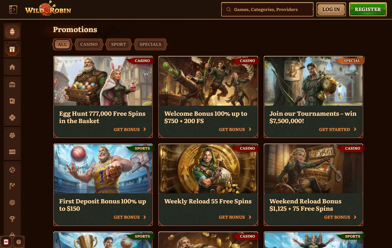 Bonusangebote von Wild Robin Casino mit Free Spins und wöchentlichem Cashback