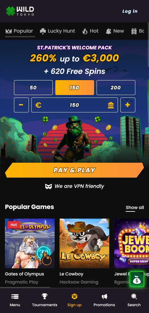 Wild Tokyo Casino als Progressive Web App im mobilen Browser am Smartphone