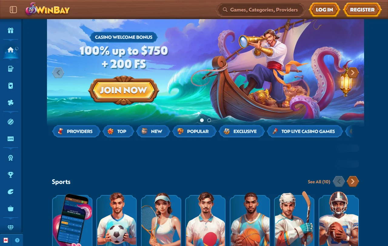 WinBay Casino Startseite mit maritimem Design und Hauptkategorien für Spieler aus Österreich