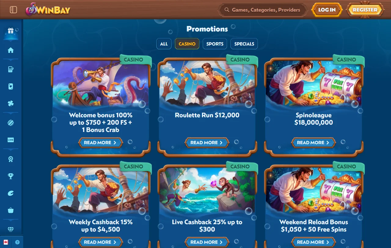 Slot-Lobby von WinBay Casino mit Titeln von Novomatic und Pragmatic Play