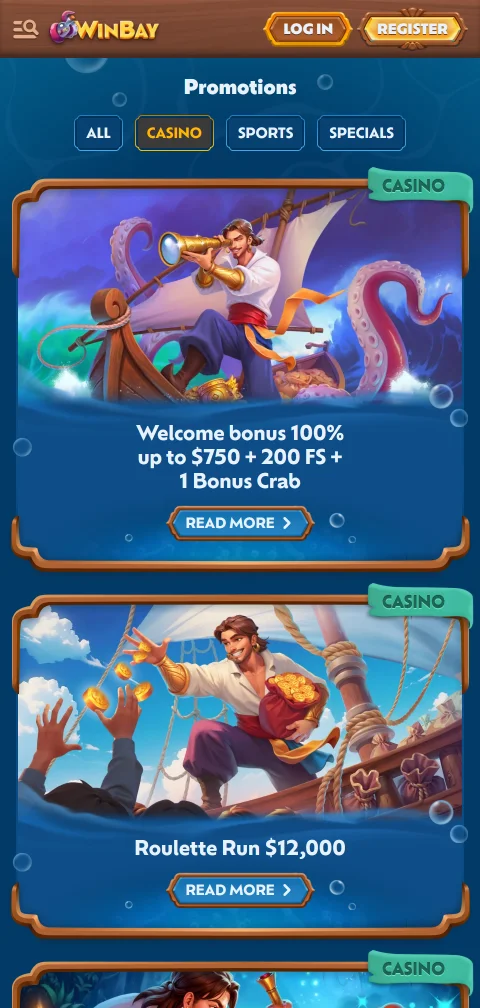 Kassabereich von WinBay Casino mit Mastercard und Kryptowährungen am Handy