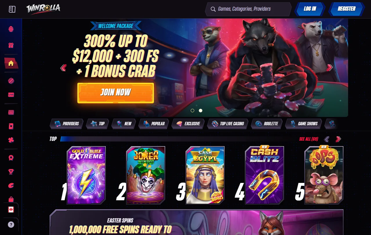 Überblick über WinRolla Casino mit Casino und Sportwetten auf einer Plattform