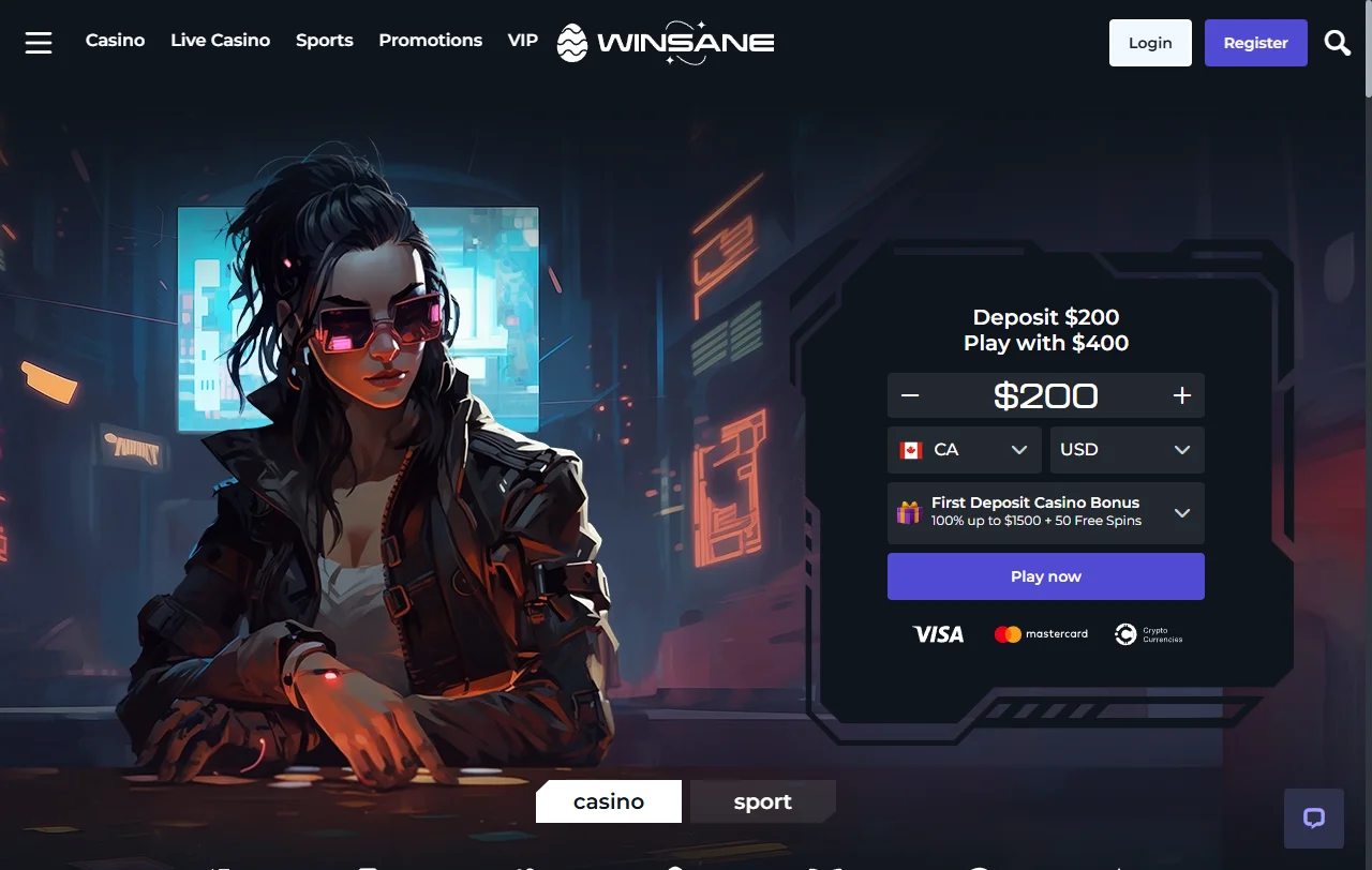 Winsane Casino Startseite mit Casino, Sportwetten und Curaçao-Lizenz im Überblick