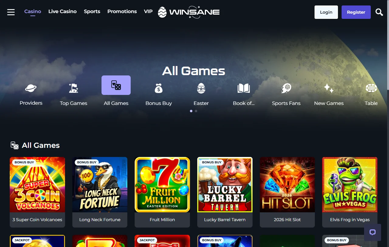 Spielbibliothek von Winsane Casino mit Slots von Evolution, NetEnt und Pragmatic Play