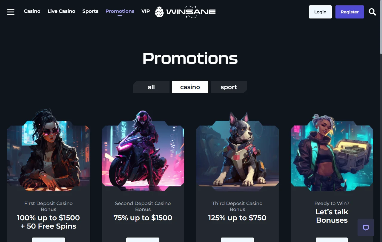 Winsane Casino Bonusbereich mit 100 % bis 1.000 € und 50 Freispielen