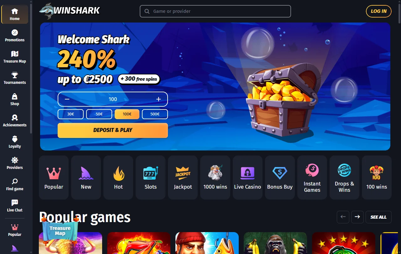 Winshark Casino Startseite mit Überblick über Angebot und Betreiber GBL Solutions