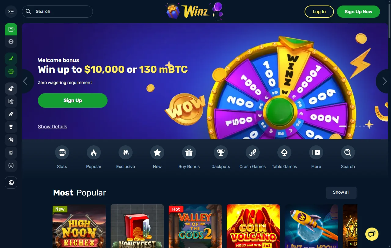 Winz Casino Startseite mit Überblick über Spielkategorien und laufende Aktionen