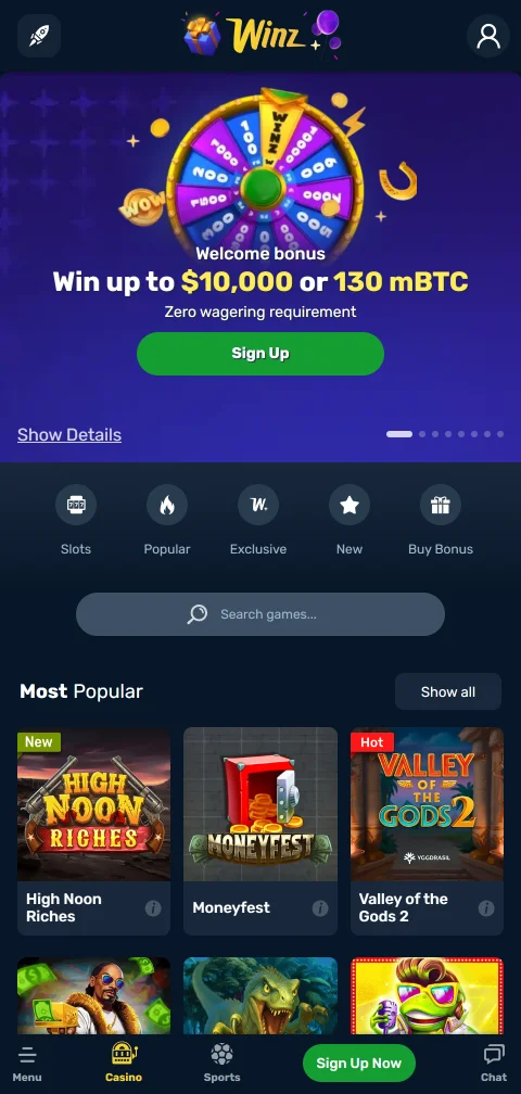Winz Casino als Progressive Web App im mobilen Browser auf dem Smartphone