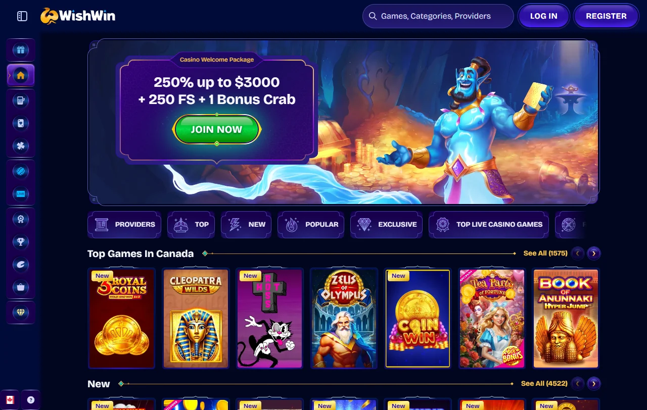 Startseite von Wishwin Casino mit Sportwetten und Casino-Bereich im Überblick