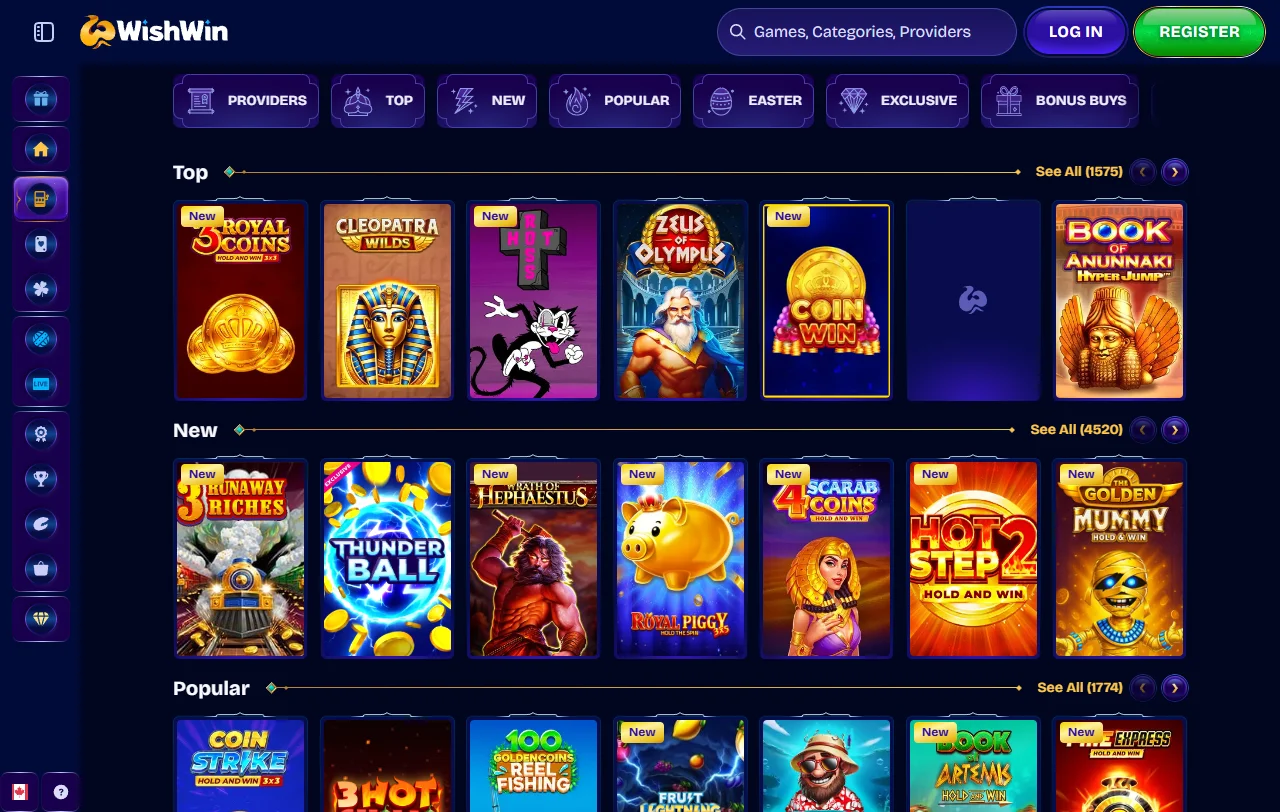 Spiellobby von Wishwin mit Slots von Pragmatic Play und Hacksaw Gaming