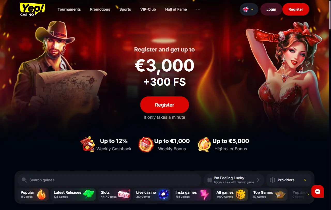 YEP Casino Startseite mit Überblick über Casino, Live-Tische und Sportwetten