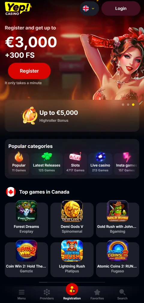 YEP Casino mobile Browser-Version mit Spielelobby im Hochformat am Smartphone