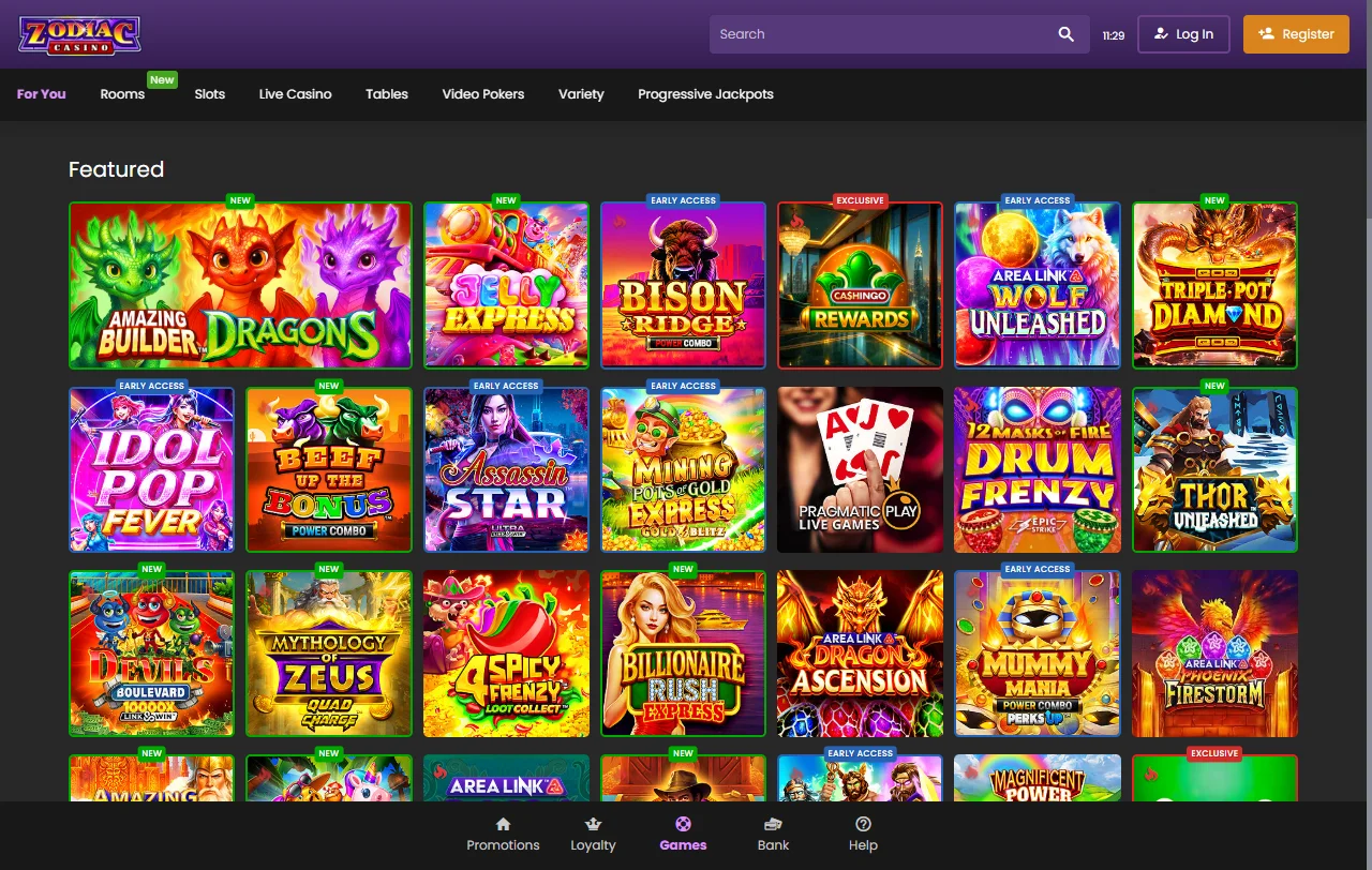 Startseite von Zodiac Casino mit Willkommenspaket und Übersicht für Spieler aus Österreich
