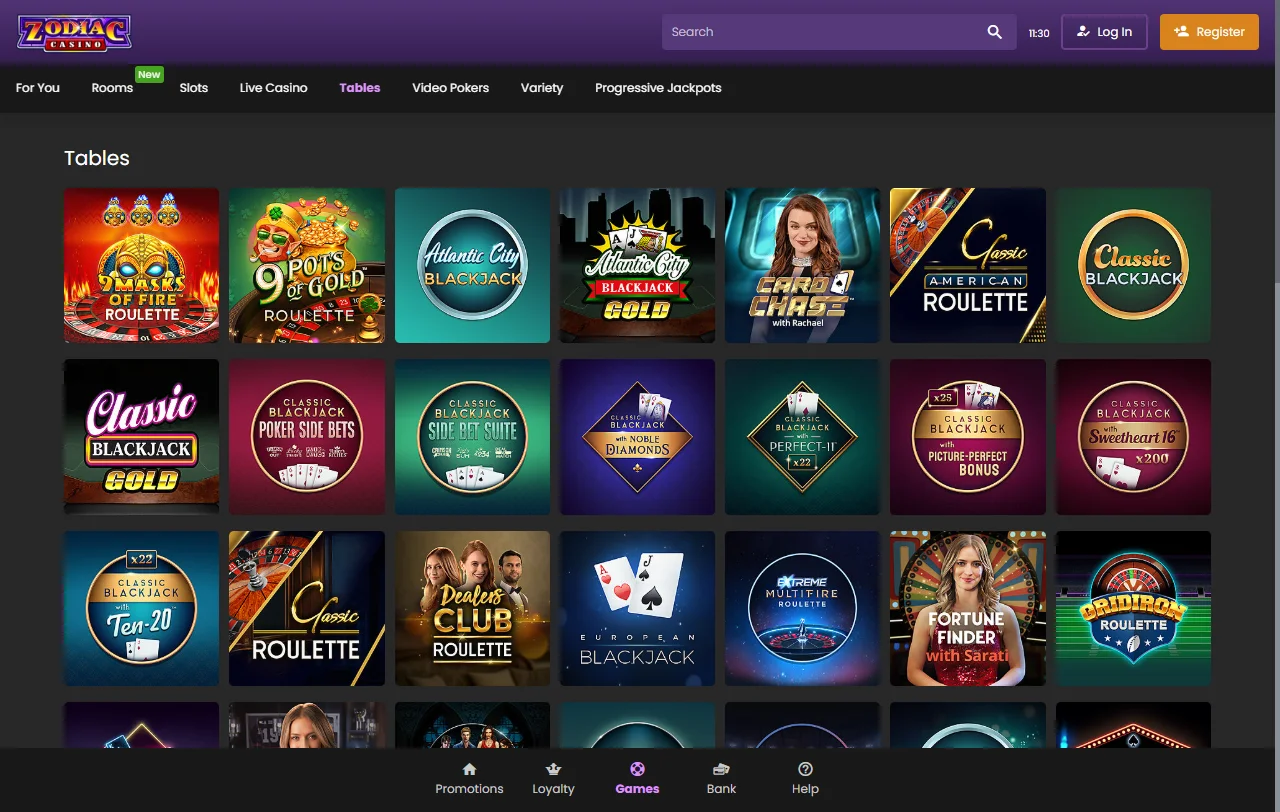 Spielbibliothek von Zodiac Casino mit Jackpot-Slots von Games Global und Evolution