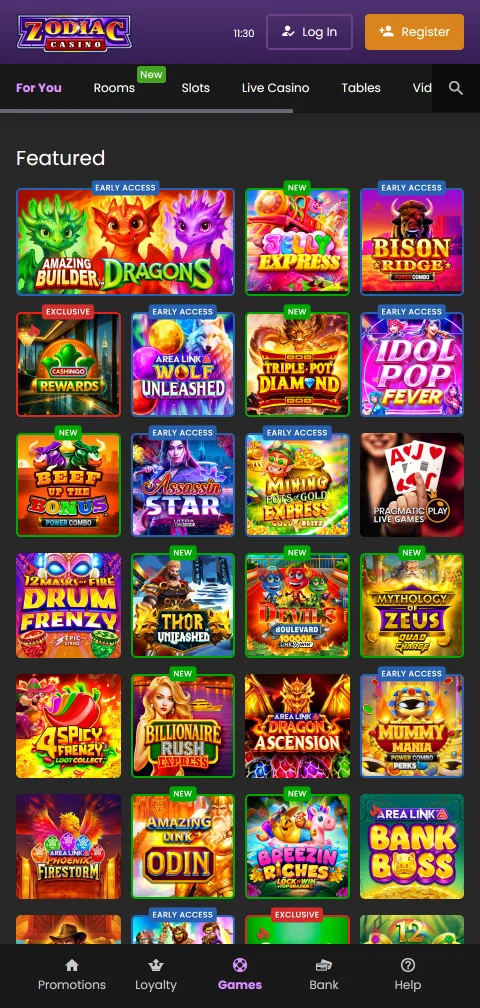 Mobile Browserversion von Zodiac Casino mit Spielauswahl und Kontobereich am Smartphone